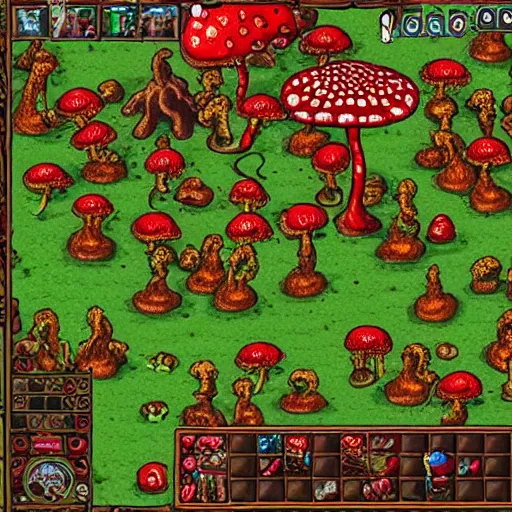 Image similar to amanita muscaria playing tibia video game