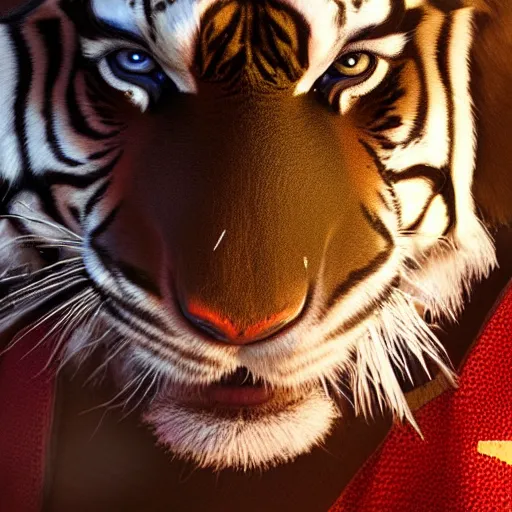 Image similar to a tiger as superman,commission art,highly detailed,comic artstyle,photorealistoc,cinatoc movie shot,detailed face,artstation,deviantarz,charles bowater,trevor henderson,stan lee,4k,mega realism