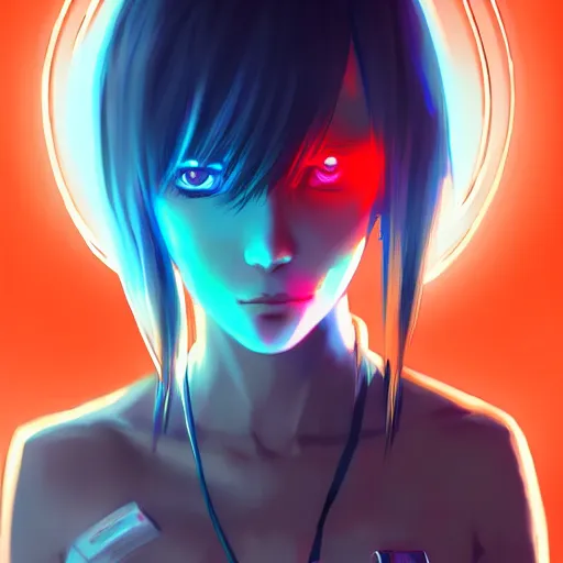 Image similar to digital cyberpunk anime fullbody!! character concept art gorgeous anime girl symmetrical face, small female android cyborg - angel glowing red left eye and glowing blue right eye, wlop, rossdraws, sakimimichan, ilya kuvshinov, krenz cushart, greg rutkowski.