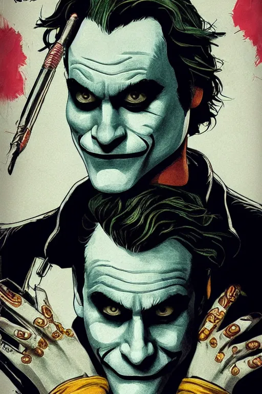 Prompt: joaquin phoenix joker comic book cover issues 2 0, justify content center, delete duplicate object content!, violet polsangi pop art, gta chinatown wars art style, bioshock infinite art style, incrinate, realistic anatomy, hyperrealistic, 2 color, white frame, content balance proportion