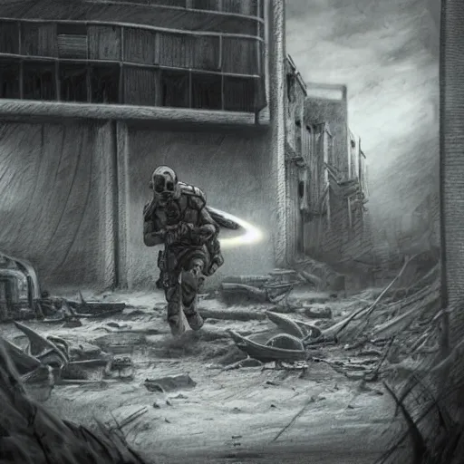 Image similar to pencil art, distant shot, realistic, cinematic, hyper detailed, smooth, soldier hiding behind wall, alien figure in the background, in a war torn area
