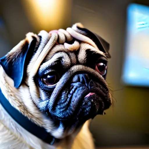 Image similar to film still medium shot a pug wearing a oculus quest vr headset, leica sl 2 5 0 mm, vivid color, high quality, high textured, real life