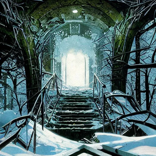 Image similar to stairs leading to a frozen derelict portal in a middle of a snowy lush futuristic forest, green lush world seen only through a portal, daylight, cinematic lighting, blue sky, syd mead, john harris