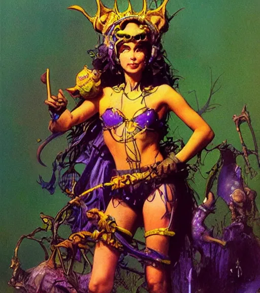 Image similar to princess of the wasteland, scrap metal headdress, strong line, vivid neon color, yellow purple, beautiful! coherent! by brian froud, by frank frazetta, low angle