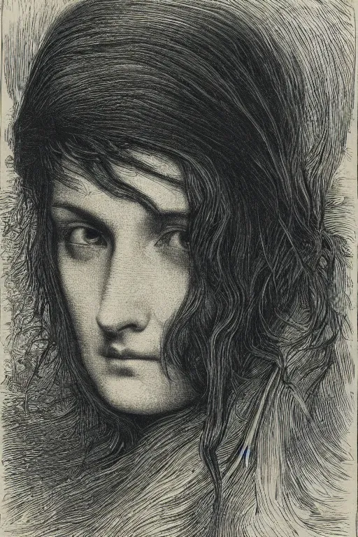 Image similar to extreme close-up portrait of a woman, face covered by hair, forest background, Gustave Dore lithography