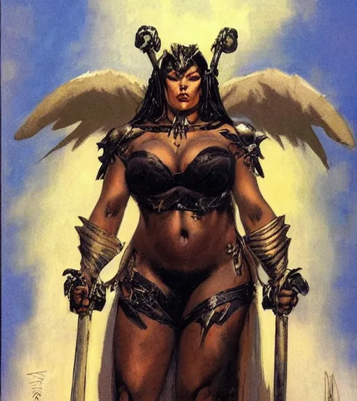 Prompt: portrait of plus size female chaos angel, beautiful! coherent! by frank frazetta, by brom, strong line, deep color, spiked metal armor, maximalist