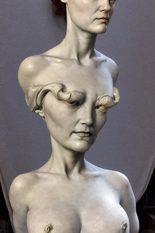 Prompt: realistic marble bust of a beautiful woman on a pedestal, by wayne barlowe, peter mohrbacher, kelly mckernan, james o barr