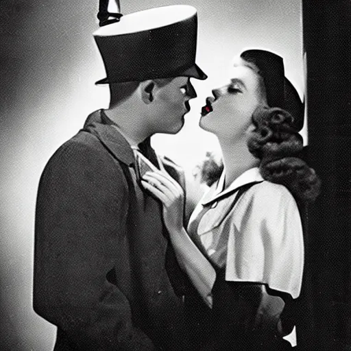 Prompt: random film still from a 1 9 4 0's film noir movie with a man and woman kissing under a street light