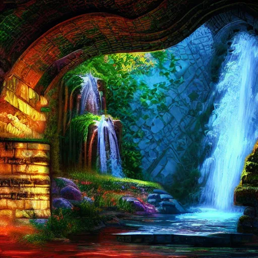 Image similar to ancient ottoman structure and waterfalls, epic retrowave art, trending on art station