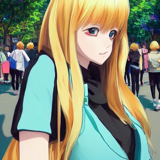 Image similar to blonde - haired princess, anime princess, wearing black jacket and white leggings, looking through crowd, town street, festival street, trees, green trees, blue lighting, blue sunshine, strong lighting, strong shadows, vivid hues, ultra - realistic, sharp details, subsurface scattering, intricate details, hd anime, 2 0 1 9 anime