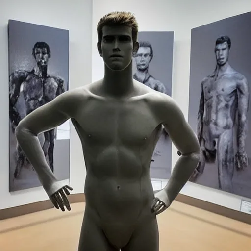 Image similar to “ a realistic detailed photo of a guy who is an attractive humanoid who is half robot and half humanoid, who is a male android, actor liam hemsworth, shiny skin, posing like a statue, blank stare, at the museum, on display ”