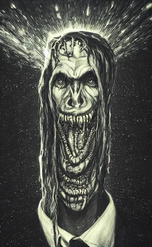 Image similar to lovecraftian portrait of jerma, surrounded by beams of light dark background by wayne barlow, stanley donwood, anton semenov, zdzislaw bekinski, hr giger, 8 k, fantasy, dark, highly detailed