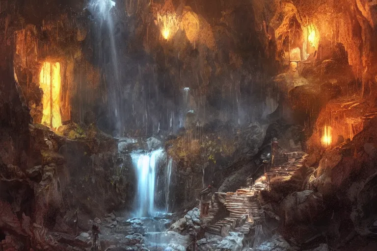 Prompt: inside of a dark cave, small water stream and staircase to a waterfall, orange minerals, fantasy, highly detailed, art by greg rutkowski