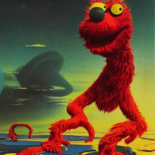 Image similar to elmo in the style of a 7 0 s science fiction novel cover, highly detailed, bruce pennington, peter jones