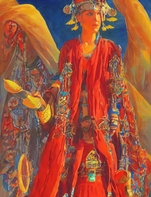 Image similar to chili pepper priestess at the shrine. this heavily stylized oil painting by the beloved children's book illustrator has interesting color contrasts, plenty of details and impeccable lighting.