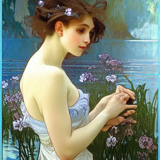 Prompt: beautiful oil painting full body portrait of fairy princess soft skin silver hair looking at the water by Alphonse mucha and Noah Bradley