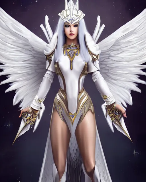 Image similar to perfect white haired egyptian goddess wearing white dove wings, warframe armor, regal, attractive, ornate, sultry, beautiful, dreamy, half asian, pretty face, blue eyes, detailed, scifi platform, 4 k, ultra realistic, epic lighting, android body, illuminated, cinematic, masterpiece, art by akihito tsukushi, voidstar, artgerm