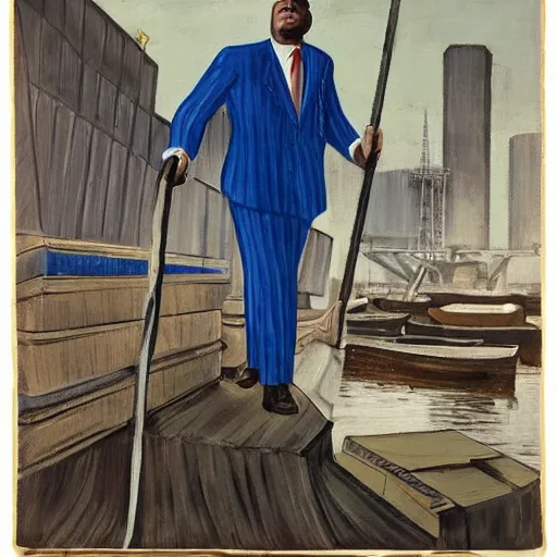 Image similar to A large man in a blue pinstripe suit with a cane stepping off of a cargo ship onto the docks, art, painting, villain