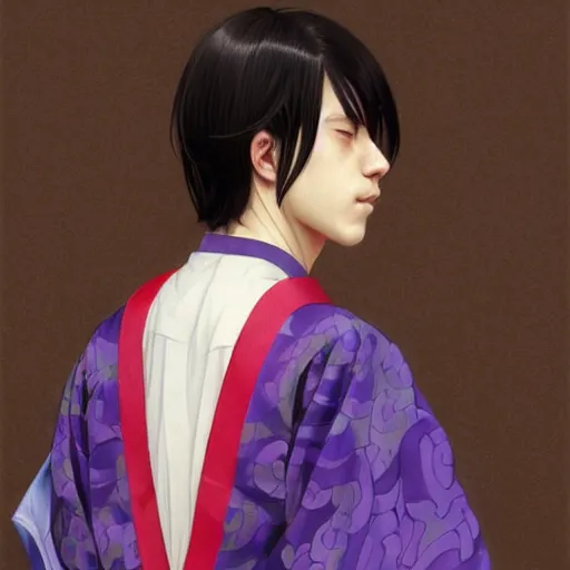 Image similar to teenager boy with straight indigo hair, purple eyes with red eye markers, slim body, wearing a detailed japanese kimono. modern, realistic, looking at the camera, enjoying life!!! elegant, highly detailed, digital painting, artstation, concept art, matte, sharp focus, illustration, art by artgerm and greg rutkowski and alphonse mucha