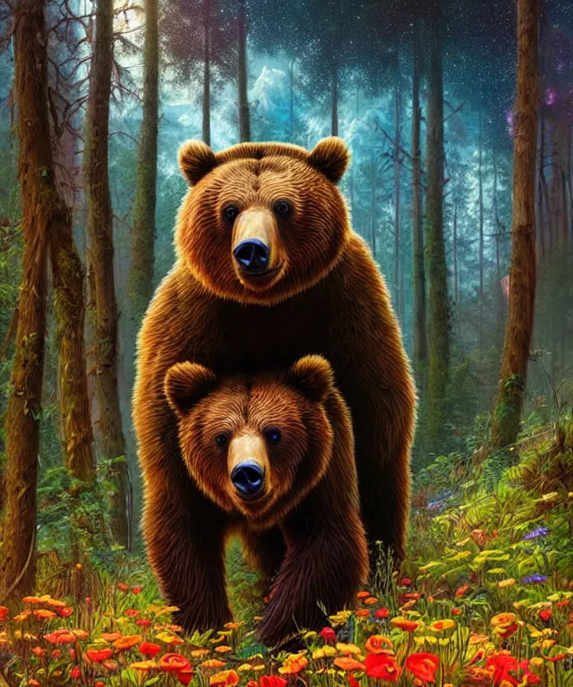 Image similar to a realistic brown bear, walking through a psychedelic forest, wide angle landscape shot, pixar style by tristan eaton, artgerm and tom bagshaw