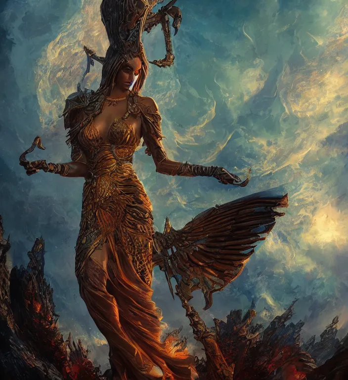 Image similar to full body illustration of a goddess, tarot card, dark souls colour scheme, establishing shot, coherent, high detailed, kerem beyit, Karol Bak, featured on artstation