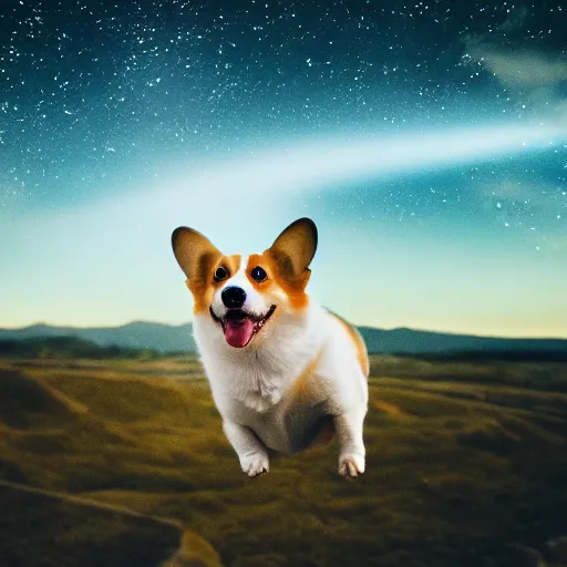 Image similar to corgi with [ angelic wings ]!!, [ flying like a superhero ]!! in the [ night sky ]!! where the stars are visibly perceptible, [ realistic photo ]!!, [ 4 k photorealism ]!!, trending on unsplash