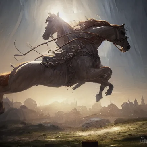 Image similar to a chess piece comes alive, the horse jumps over the tower piece in the wooden chessboard, fantasy art, in the style of greg rutkowski, illustration, epic, fantasy, cinematic, intricate, hyper detailed, artstation, concept art, smooth, sharp focus, ray tracing