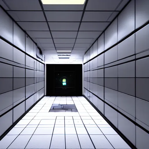 Image similar to futuristic horror science facility corridor, scp, unreal engine 5, rtx, next - gen graphics, secure contain protect, aaa game trailer, cinematic lighting, 3 d render, 4 k 6 0 fps, teaser, cinema 4 d