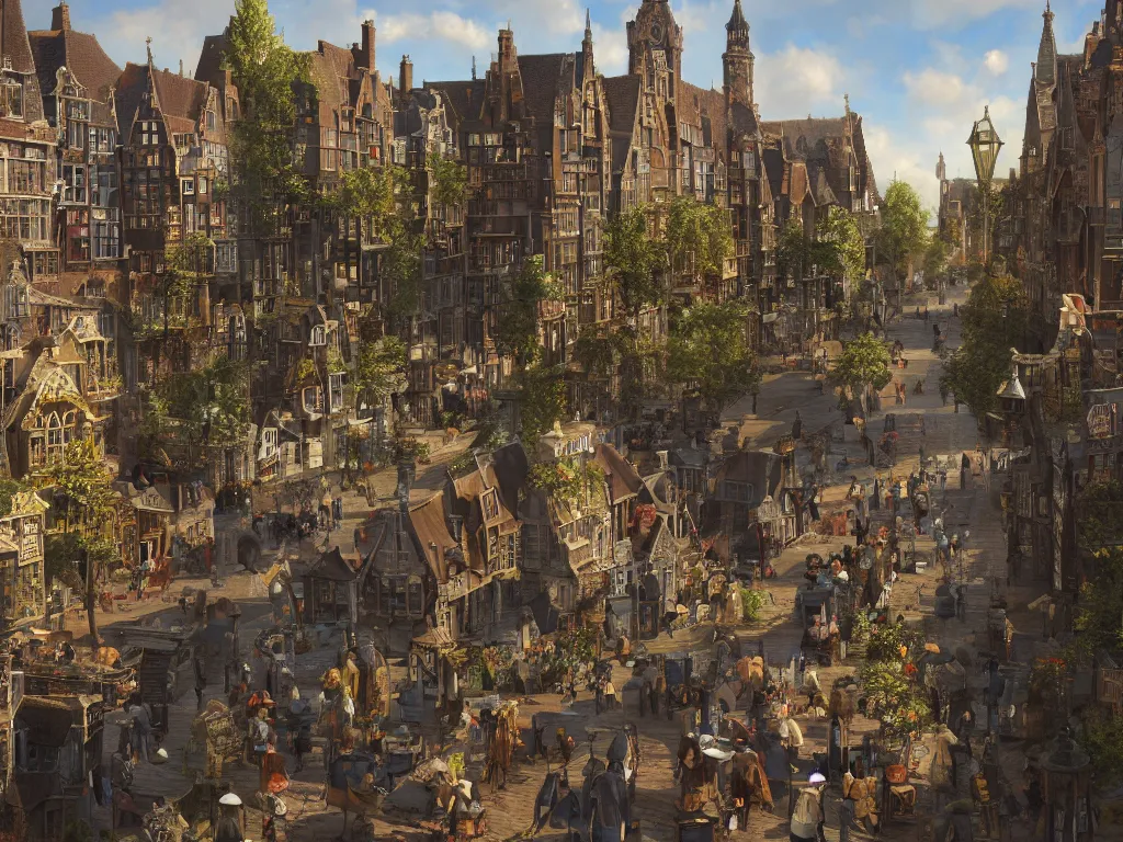 Prompt: a magical town on a slow day, inspired by victorian england and amsterdam, sunny weather, highly detailed, intricate, digital painting, trending on artstation, concept art, matte painting, art by greg rutkwowski, craig mullins, octane render, 8 k, unreal engine