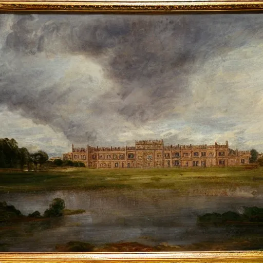 Image similar to painting of a large palace on the edge of a lake. Highly detailed. in the style of John Constable.