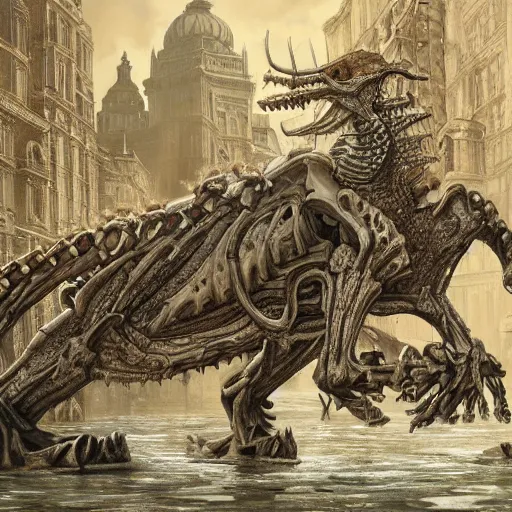 Image similar to giant quadruped bone creature walking through the center of a flooded city, extreme detail, abstract realism, highly ornate intricate details, 1 9 2 0's colored pencil, 4 k, cinematic lighting,