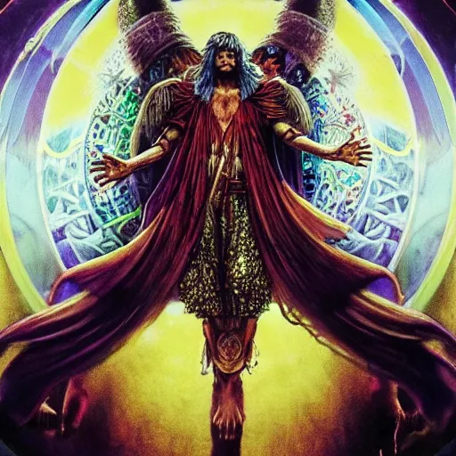 Image similar to 4K headshot portrait of godlike Wizard of Nazareth with defined arms and open hands and bloody clothes with giant mandala wings , intricate face , flawless anime cel animation by Kentaro Miura, psychedelic , highly detailed upper body , professionally post-processed , beautiful, scary, symmetry accurate features, epic, octane rendered, anime masterpiece, accurate by Craig Mullins, ilya kuvshinov, krenz cushart, epic , artgerm trending on artstation by Edward Hopper and Dan Mumford and WLOP and Rutkovsky, beksinski carl spitzweg moebius and tuomas kocar, intricate artwork by caravaggio, Unreal Engine 5, Lumen, Nanite