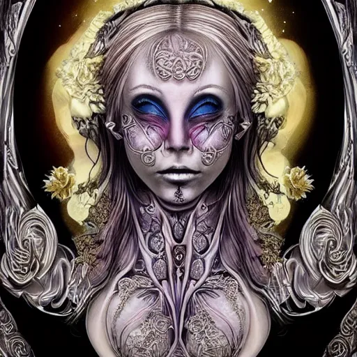 Image similar to blonde girl in a cosmic dress, full-body tattoos, ornate, rococo, grotesque, zbrush art, majestic, organics, silver filigree, colorful, dark fantasy, celtic knot, anatomical, h r giger style, moebius, frank frazetta, ornate, art nouveau, symmetrical, turquoise jewelry, red smoke, roses, unbiased render, rotten, Emil melmoth, eerie, macabre, haunting + insanely detailed and intricate, floral, faded pink, hypermaximalist, elegant, vintage, hyper realistic, super detailed, pastel colors,