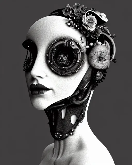 Image similar to black and white dreamy foggy smoky profile face portrait, one silver steampunk realistic eye biomechanical beautiful young female cyclope - cyborg - robot bust, body ribs meshes,, volumetric light, hibiscus flowers, by hg giger, rim light, by dora maar and cecile beaton, big gothic fashion pearl embroidered collar, 8 k
