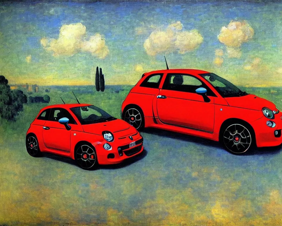 Prompt: achingly beautiful painting of a 2 0 1 3 fiat abarth by rene magritte, monet, and turner.