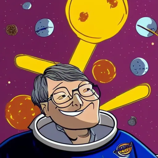 Image similar to Bill Gates eating burritos in outer space. Cartoon style.