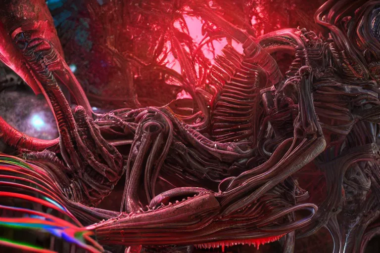 Prompt: a beautiful 3 d rendered representation of a bad lsd trip, inspired by the xenomorph from the movie alien, lots of elongated tubes consisting of triangles, long tongues reaching to me, symmetrical, abstract, octane render, unreal engine, 4 k, trending on artstation