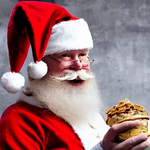 Prompt: Santa Claus eating chipotle inside and enjoying it, realistic, modern