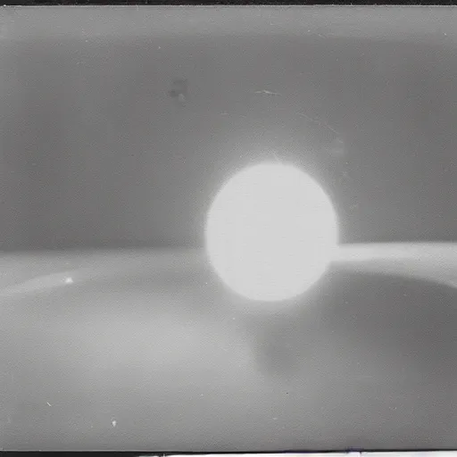 Prompt: old polaroid depicting a small spheric metallic alien probe, hovering at a clearing