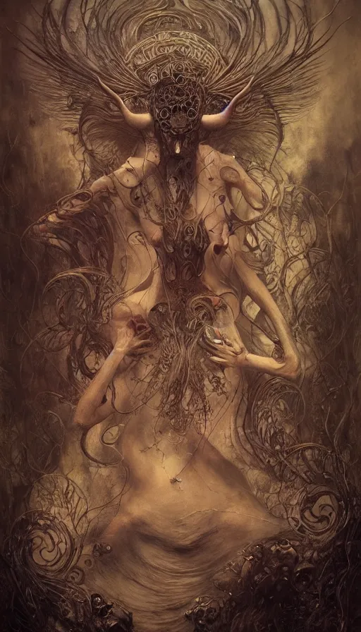 Image similar to wet plate photography of goddess with one wing reaching infinity and hungry souls around surrealistic intricate face, broken parts by klimt, artificial nightmares drawn by peter mohrbacher, zdzisław beksinski and thu berchs james gurney unreal engine octane, trending on artstation.