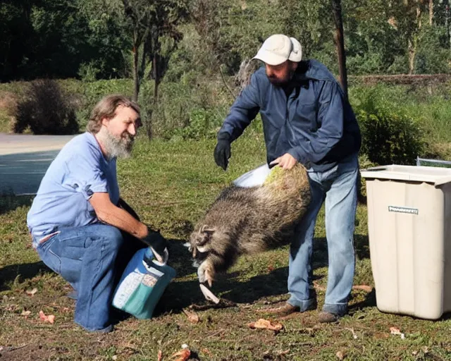 Prompt: slavoj zizek stealing trash from a racoon near a trash container