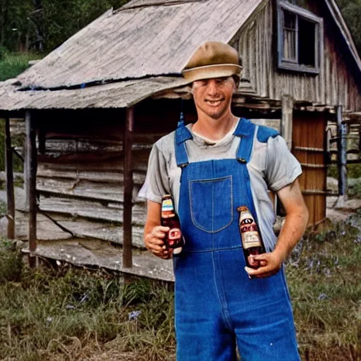 Image similar to a hillbilly drinking a bottle of beer infront of his shack home, blue overalls, redneck, photograph, 1 9 1 7, colorized, high quality, high resolution