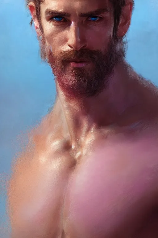 Prompt: painted portrait of realistic wold wearing pink shirt, mature, handsome, blue eyes, upper body, muscular, hairy torso, fantasy, intricate, elegant, highly detailed face, digital painting, artstation, concept art, smooth, sharp focus, illustration, art by gaston bussiere and greg rutkowski