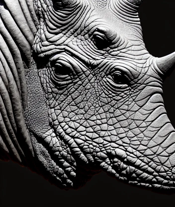 Prompt: a high resolution realistic close up photo portrait of a rhino reptile creature made of doglike birds computer merged kangaroo, ork electronic wires bower bird creature wrinkles pheasant, complex feathers exotic morphing hoopoe, zebra morphing wings king vulture head