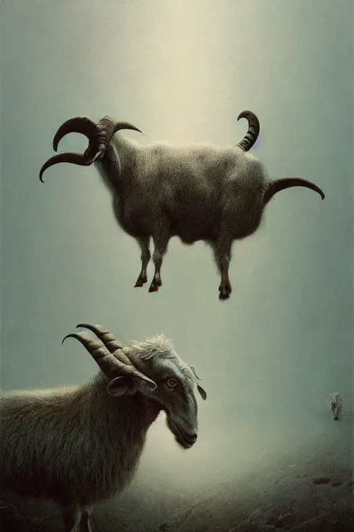 Image similar to painting of hybrid between human andy milonakis and a goat, by zdzislaw beksinski, by tiffany bozic, cold hue's, warm tone gradient background, concept art, beautiful composition, digital painting