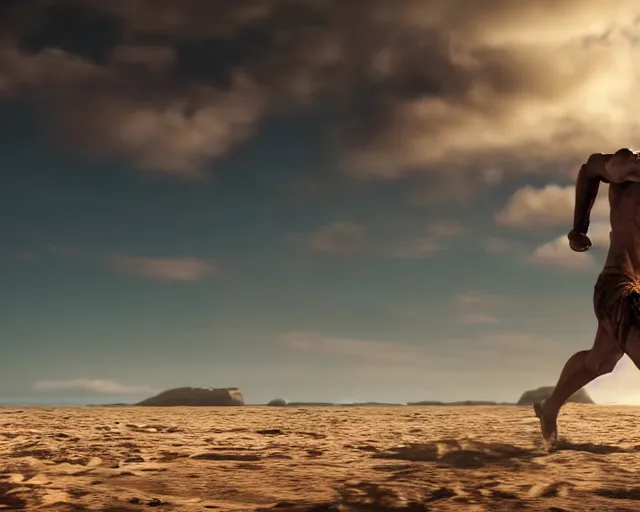 Image similar to single spartan running on australian beach, epic award winning action cinematic still from the movie 3 0 0, 8 k, global illumination, detailed face, muscles, rim highlights, hyper realistic