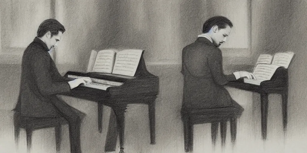Prompt: pencil sketch Scriabin playing piano for Chopin