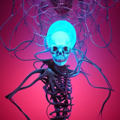 Image similar to a human Skull mutating into flowers, tentacles, unnatural shapes, jellyfish tentacles reaching out, coherent human Skull, insect, chaotic octane render, 3d digital art by beeple, unreal engine 5, award winning,