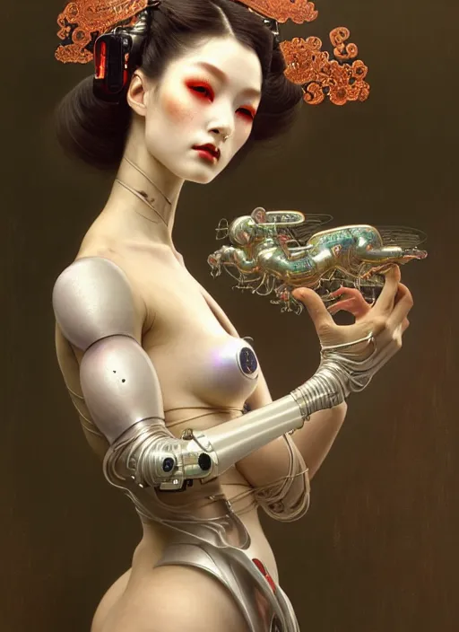 Image similar to organic Geisha cyborg, translucent pearlescent skin, diffuse lighting, fantasy, intricate, elegant, highly detailed, lifelike, photorealistic, digital painting, artstation, illustration, concept art, smooth, sharp focus, art by John Collier and Albert Aublet and Krenz Cushart and Artem Demura and Alphonse Mucha