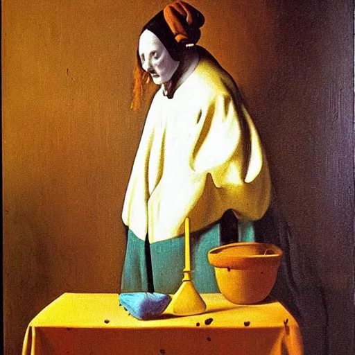 Image similar to Oil painting The Ghost of Vermeer of Delft Which Can Be Used As a Table by Salvador Dali